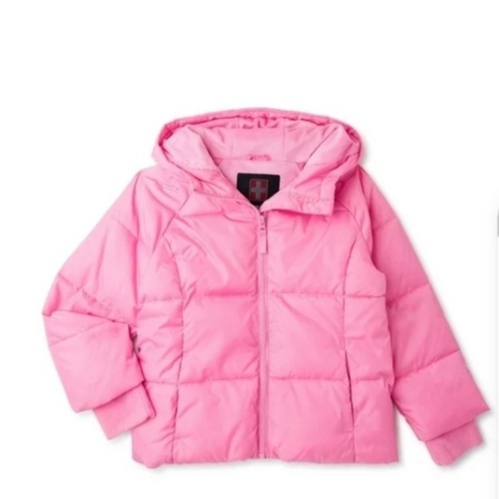 Swiss Tech Puffer Solid Jacket Pink Winter Hooded Fleece Lined Size L (10-12)